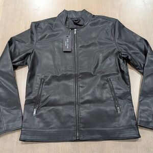$298 Mens Slate & Stone Faux Leather Racer Jacket Black Medium